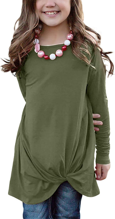 Girls Casual Tunic Tops Knot Front Long Sleeve Loose Soft Blouse T-Shirt Size 4-13