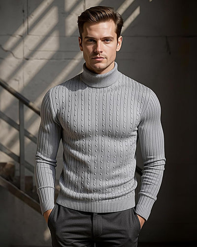 Mens Slim Fit Turtleneck Sweater Cable Knit Thermal Pullover Sweater