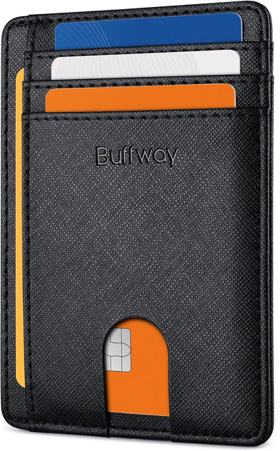 Slim Minimalist Front Pocket RFID Blocking Leather Wallets for Men and Women - Cross Black