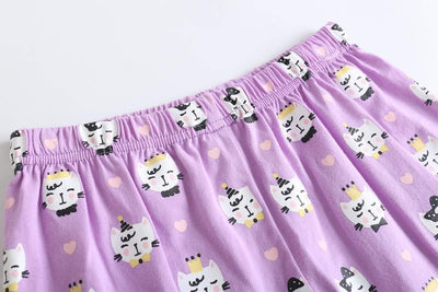Young Girls Pajama Cute Cat Pattern Nighty Comfy Shorts Cotton Sleepwear