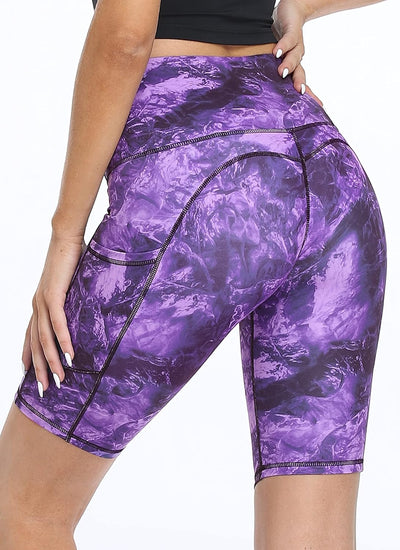 Women'S Short Yoga Side Pockets High Waist Workout Running Shorts Marble Dye Purple S