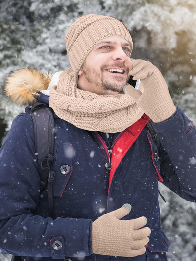 Winter Warm Knitted Scarf Beanie Hat and Gloves Set Men & Women'S Soft Stretch Hat Scarf and Mitten Set