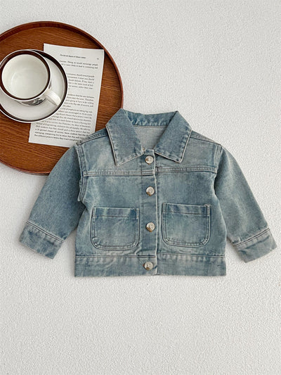Baby Kids Button Front Design Washed Style Turndown Collar Denim Jacket Coat-1