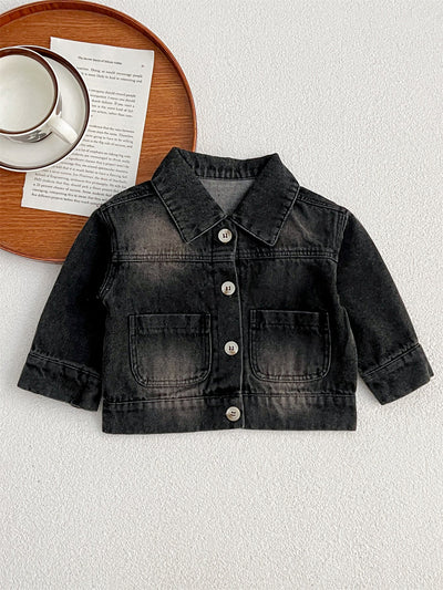 Baby Kids Button Front Design Washed Style Turndown Collar Denim Jacket Coat-2