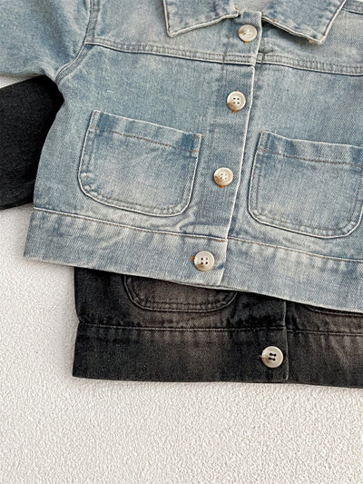 Baby Kids Button Front Design Washed Style Turndown Collar Denim Jacket Coat-4